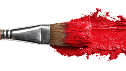 Closeup of a wooden paintbrush with red paint on the bristles, an artistic tool for creativity and design