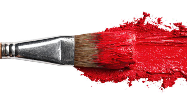 Closeup of a wooden paintbrush with red paint on the bristles, an artistic tool for creativity and design