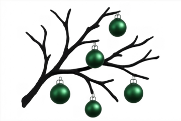 Black bare branch with hanging green christmas ornaments