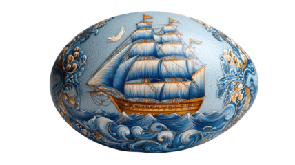 hand painted sailing ship illustration inside oval frame with blue waves and decorative artistic details isolated on white background