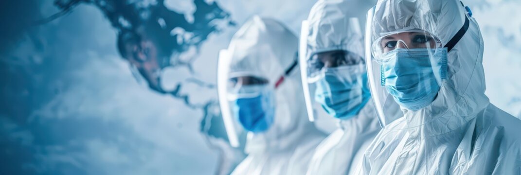 International day of epidemic preparedness: healthcare professionals in protective gear. Horizontal banner. Copy space. Medics in protective suits against a backdrop of a world map