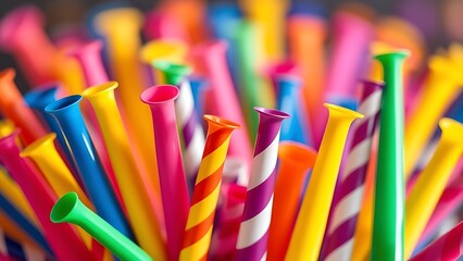 Colorful party horns arranged in a vibrant pattern, evoking festive celebration and joy.