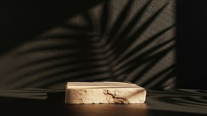 A textured, light-colored block sits under a palm leaf shadow.
