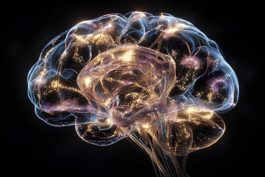 Glowing human brain with luminous neural streams and crystal-like nodes beneath translucent scalp rendered in radiant cinematic tones of blue gold and violet