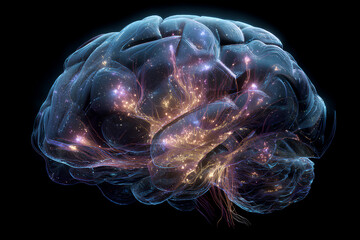 Glowing human brain with luminous neural streams and crystal-like nodes beneath translucent scalp rendered in radiant cinematic tones of blue gold and violet