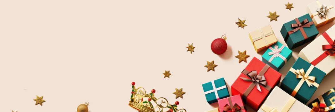 Epiphany celebration with gifts and decorations for three kings day festivities. Horizontal banner. Copy space. Template with crowns and gift boxes for Three Kings Day. Free space for text - Powered by Adobe