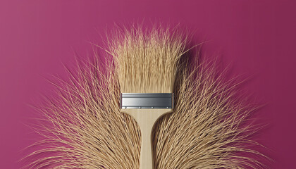 A close-up shot of a paintbrush with its bristles fanned out against a vibrant magenta background.