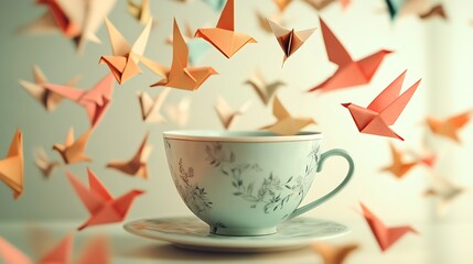 Tea cup surrounded by flying origami birds