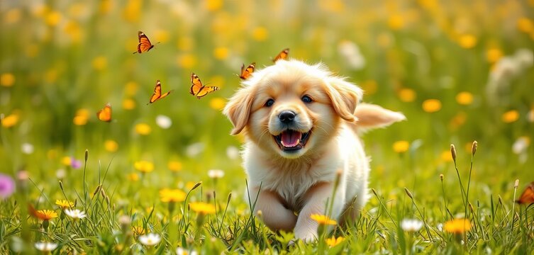 A fluffy golden retriever puppy playfully chasing butterflies in a sun-drenched meadow, animal photography, animal - Powered by Adobe