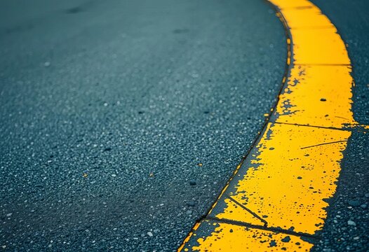 Close-up view of faded yellow road markings on asphalt, weathered, urban