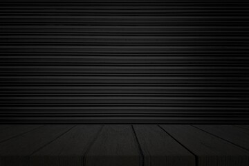 Dark room with a wooden floor and a black striped wall background, Suitable for Black Friday Concept.