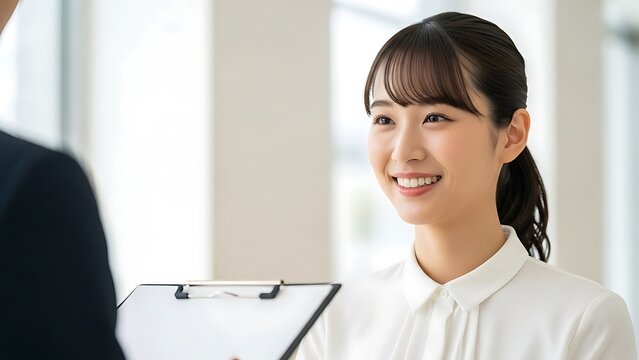 Smiling Asian businesswoman in a white shirt holding a clipboard and talking to a colleague in a bright office setting.