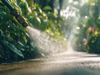Water spraying from a hose in a garden