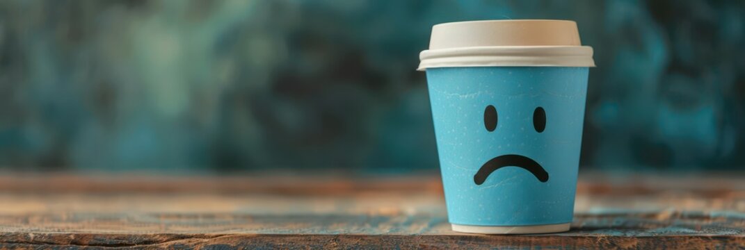 Blue monday concept with sad face on coffee cup for emotional well-being. Horizontal banner. Copy space. Saddest, depressing day. Seasonal depression, mental health concept