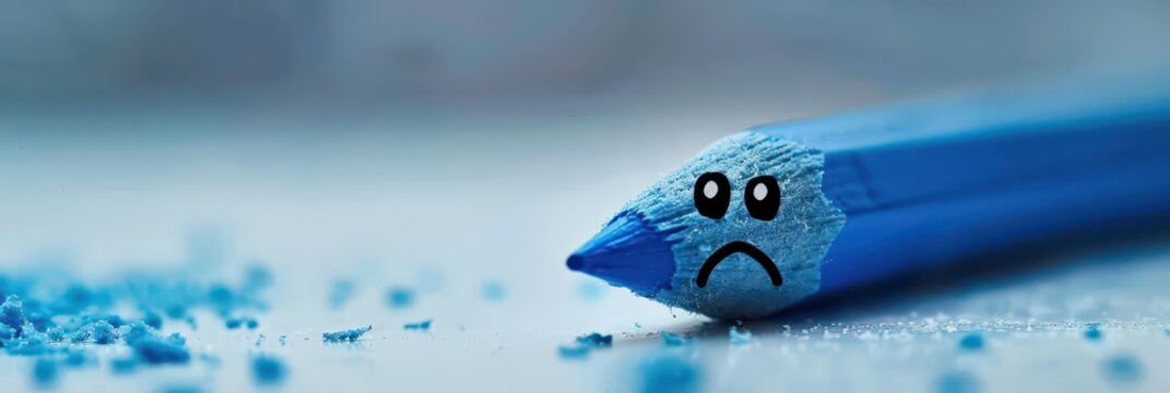 Blue monday concept with sad blue crayon reflecting melancholy and mood. Horizontal banner. Copy space. Saddest, depressing day. Seasonal depression, mental health concept