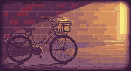 A stylish vintage bicycle, rendered in a clean graphic illustration with a limited color palette, leans against a textured brick wall, symbolizing urban mobility.