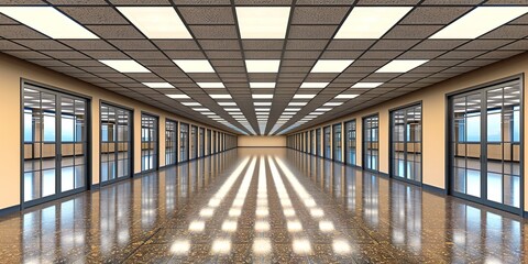 Modern office hallway with glass doors offering a sense of spaciousness and opportunity