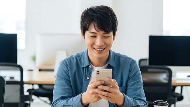 Smiling Asian man using smartphone at office desk.