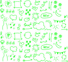 Playful green hand-drawn doodles featuring arrows, hearts, stars, frames, clouds, flowers, and decorative sketch elements for creative designs and fun projects.
