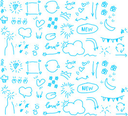 Playful blue hand-drawn doodles featuring arrows, hearts, stars, frames, clouds, flowers, and decorative sketch elements for creative designs and fun projects.
