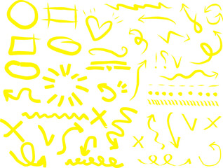 Vibrant yellow hand-drawn doodle arrows, circles, highlights, and symbols on a white background, perfect for annotations, design accents, creative notes, and graphic elements.
