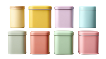 Isolated set of blank plastic and glass cosmetic jars and bottles with colorful lids on white