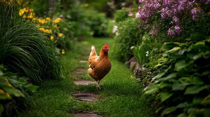 Obraz premium A red-billed stork bird in the green grass with farm poultry animals like a white chicken, brown hen, and red rooster