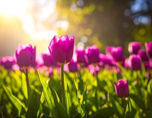 Fototapeta premium Close-up of vibrant purple tulips with sunlight backlighting