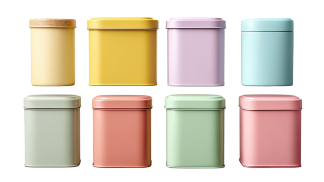 Isolated set of blank plastic and glass cosmetic jars and bottles with colorful lids on white