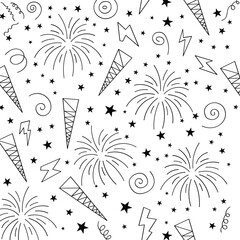 Fireworks doodle vector seamless pattern celebrate hand drawn rocket party line background festive element illustration