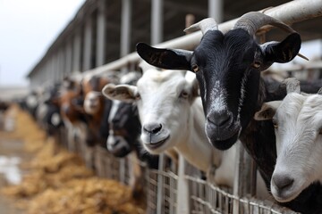 Ziegenherde im Stall an der Futterreihe
