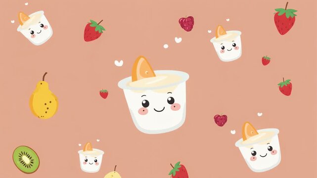 Cute yogurt with smiley fruit characters, soft pastel background, kawaii aesthetic, 