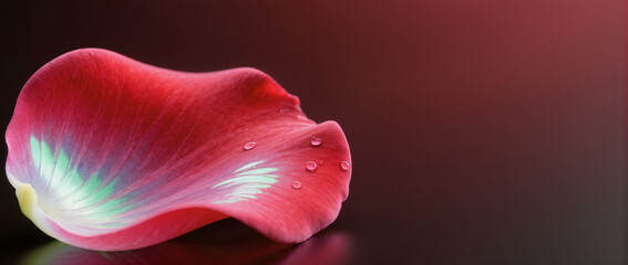 closeup macro photograph showcasing dewy red flower petal with sparkling droplets on glossy surface