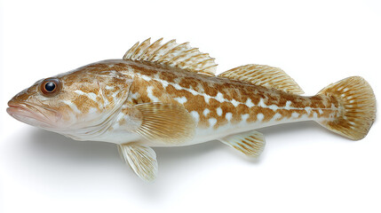 cod, spotted rockfish showing orange-brown speckles on a pale body. The fish is portrayed mid-swim against a clean white backdrop, emphasizing texture, color and anatomy for wildlife