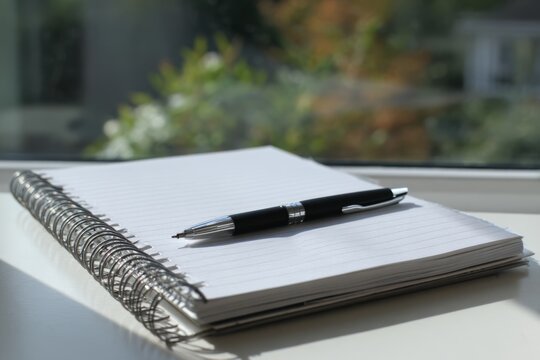 Spiral notebook on a windowsill with a pen resting diagonally across lined pages in soft daylight.