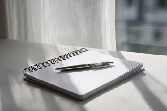 Spiral notebook on a windowsill with a pen resting diagonally across lined pages in soft daylight.