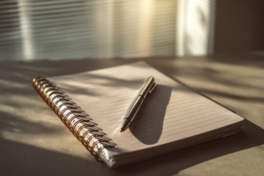 Spiral notebook on a windowsill with a pen resting diagonally across lined pages in soft daylight.