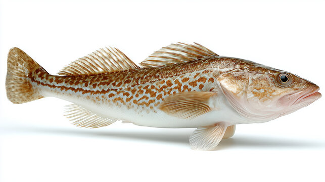 cod, spotted rockfish showing orange-brown speckles on a pale body. The fish is portrayed mid-swim against a clean white backdrop, emphasizing texture, color and anatomy for wildlife