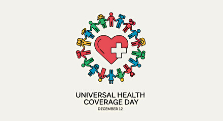 Illustration for Universal Health Coverage Day featuring a heart with a plus sign surrounded by diverse figures holding hands in a circle.