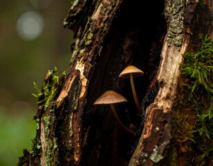 Close-up of mushrooms growing from inside a rotting tree