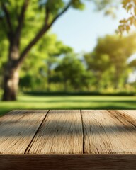Smooth wooden table surface in the foreground overlooking a sunlit green park in soft blur.