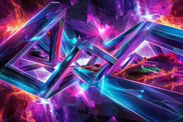 Abstract composition featuring glowing neon geometric crystals and radiant energy patterns.