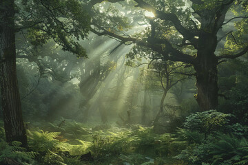 Beam of sunlight shines through ancient trees in a lush green forest.
