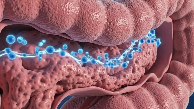 Detailed 3D Medical Animation of Unhealthy Intestinal Tissue with Water Droplets Symbolizing Hydration or Treatment