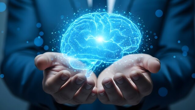 Human hands holding a glowing digital brain concept