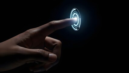 Finger touching glowing holographic interface on dark background for advanced technology