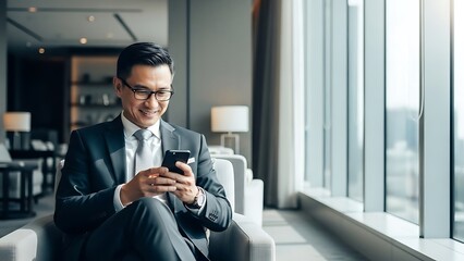 Smiling businessman in suit using smartphone in modern office lobby with large window.