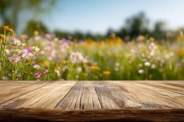 Varnished wooden planks in the foreground with a soft-focus blooming flower meadow under warm sunlight.