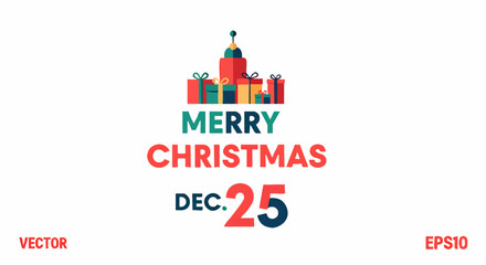 Merry Christmas graphic featuring a stylized building topped with a star and surrounded by colorful wrapped gifts, with the date December 25.
