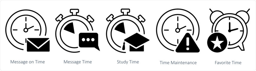 A set of 5 business icons as message on time, message time, study time